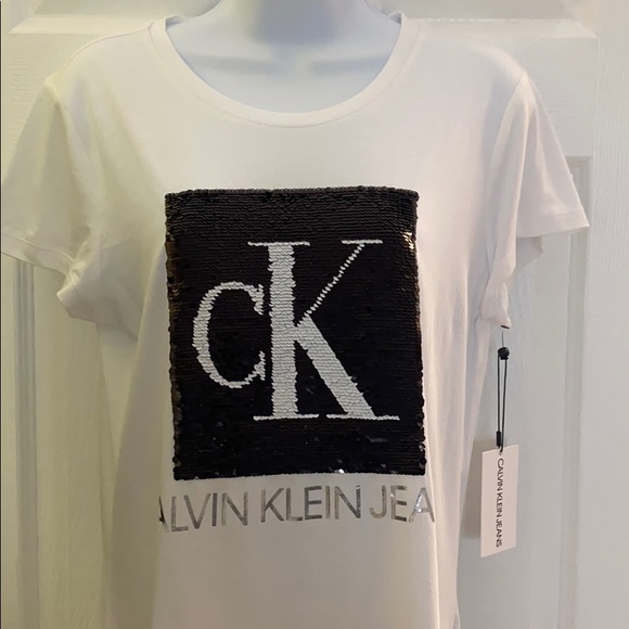 CALVIN KLEIN WOMENS SEQUINED CK LOGO T-SHIRT - Picture 2 of 7
